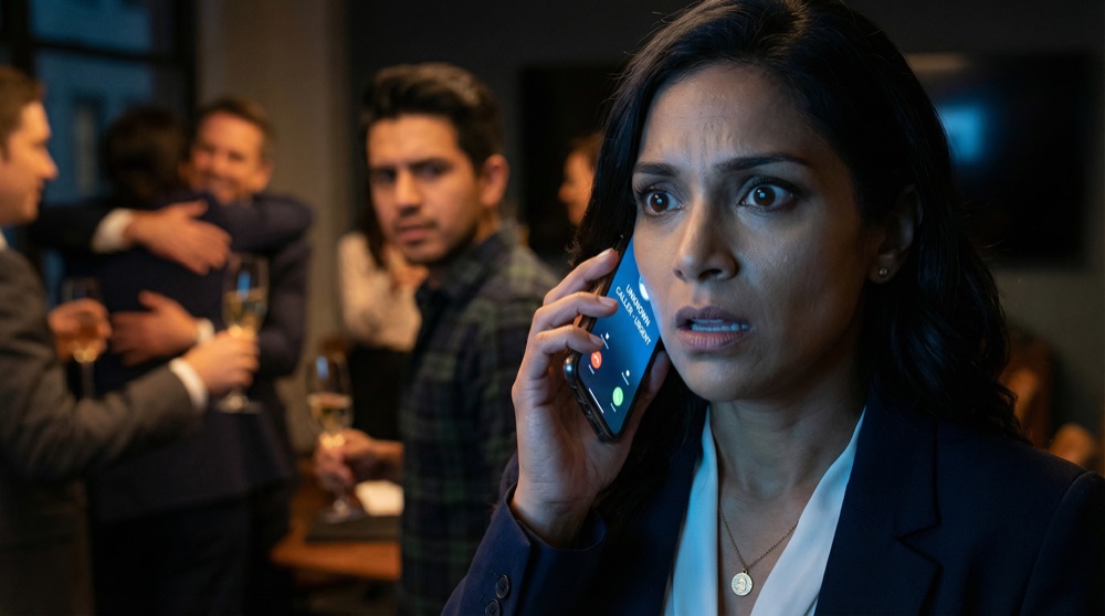 Valentina's phone lights up in the darkened boardroom, her face shifting from joy to terror as she reads the caller ID