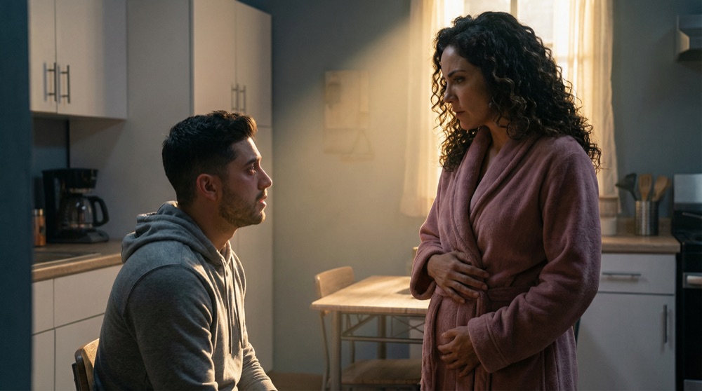 Mari steht Sebastián in einer Wohnungsküche gegenüber, ihre Hand auf ihrem Bauch, sein Gesicht verzweifelt vor Hoffnung und Angst, Morgenlicht zwischen ihnen