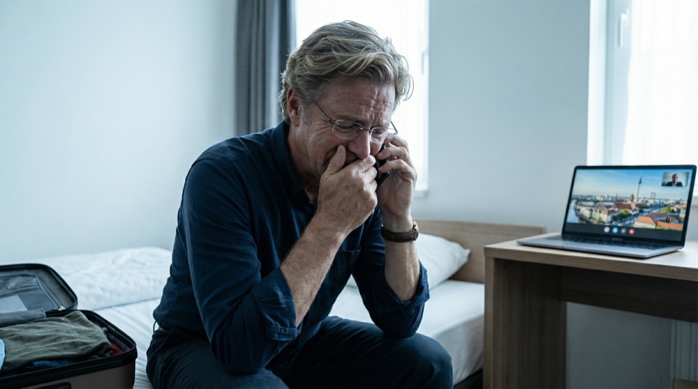 Stefan allein in seinem Hotelzimmer, das Telefon ans Ohr gepresst, sein Gesicht bricht zusammen, als er verheerende Nachrichten erhält, Berlin auf dem Bildschirm seines Laptops hinter ihm