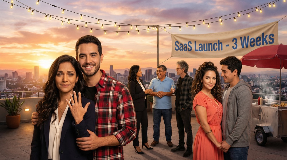 Das LogiMex-Dach bei Sonnenuntergang, das Team versammelt mit Getränken, Valentina zeigt ihren Ring, Mari und Sebastián Hand in Hand, ein Banner lautet 'SaaS Launch - 3 Wochen'