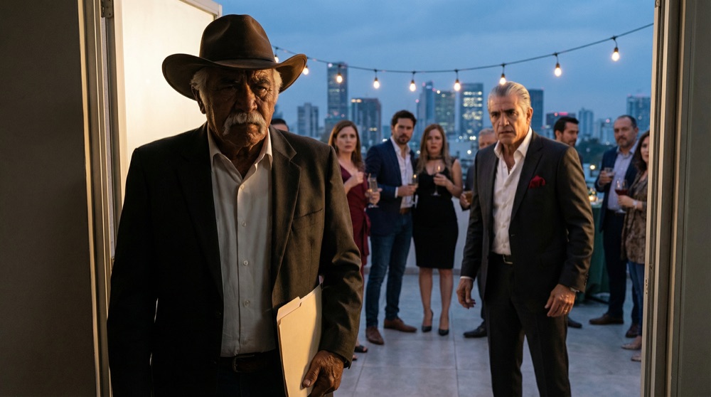 Don Aurelio steht in der Tür zum Dach, sein wettergegerbtes Gesicht grimmig, Don Rodrigos Ausdruck wechselt von Freude zu Entsetzen, die Feier erstarrt hinter ihnen