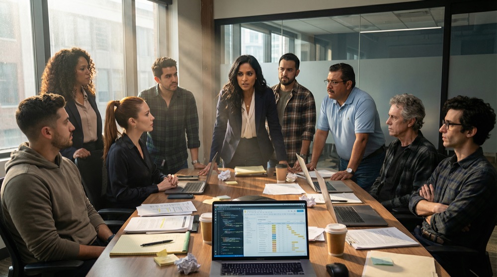 Das LogiMex-Team versammelt um einen Konferenztisch bedeckt mit Papieren und Laptops, Valentina steht am Kopfende, alle Gesichter von Entschlossenheit gezeichnet