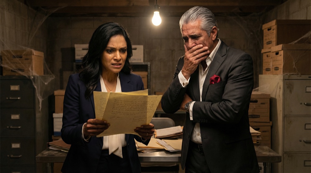 Valentina und Don Rodrigo in einem staubigen Kellerarchiv, alte Kisten und Aktenschränke umgeben sie, Valentina hält vergilbte Dokumente mit zitternden Händen, ihr Gesicht von einer einzelnen hängenden Glühbirne beleuchtet