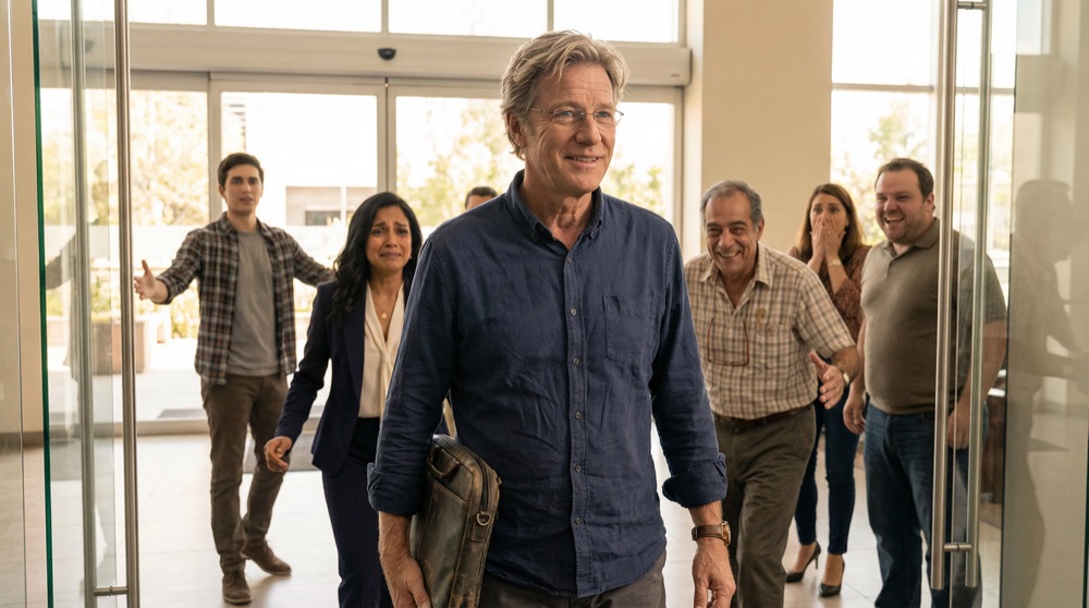 Stefan Richter betritt die LogiMex-Bürotüren, sieht erschöpft von der Reise aus aber lächelt, das Team dreht sich um, um ihn mit Schock und Freude zu begrüßen, seine Laptoptasche über einer Schulter