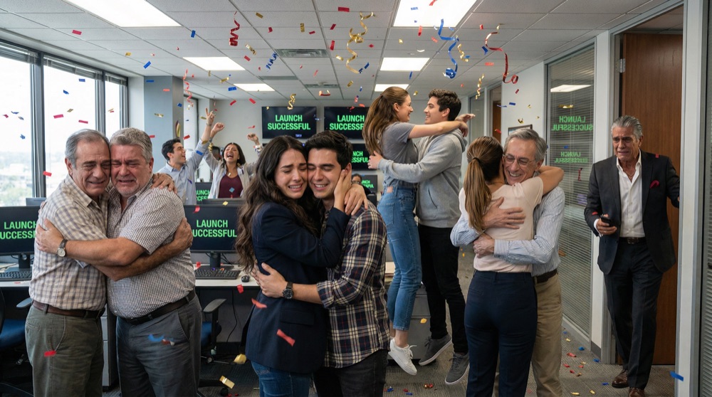 Das LogiMex-Büro explodiert vor Freude, Konfetti in der Luft, das Team umarmt sich und weint, Bildschirme zeigen 'LAUNCH ERFOLGREICH' in Grün, Don Rodrigo mit Tränen, die über sein Gesicht strömen