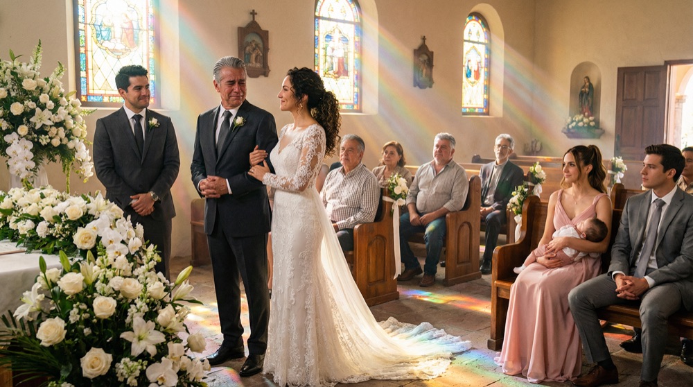 Valentina in einem weißen Hochzeitskleid, Diego in einem dunklen Anzug, stehend an einem Altar geschmückt mit weißen Blumen, Don Rodrigo führt sie den Gang entlang, das gesamte LogiMex-Team sitzt in den Bänken hinter ihnen