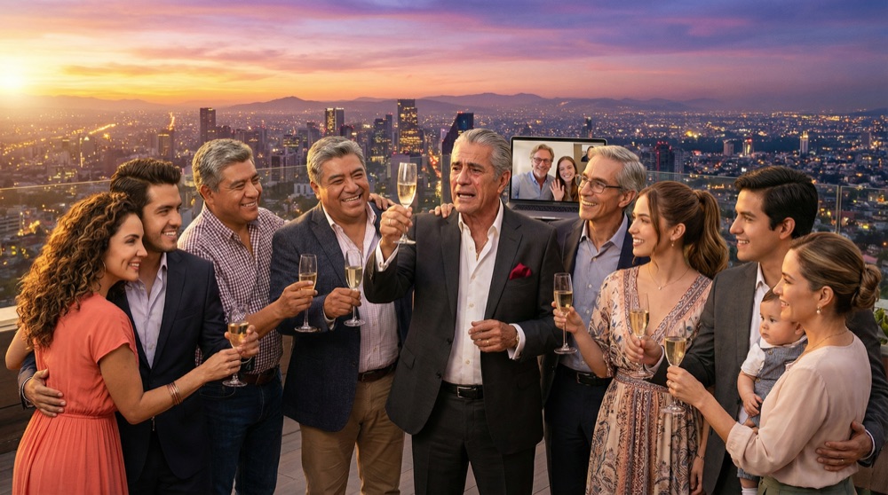 Das gesamte LogiMex-Team auf dem Dach bei Sonnenuntergang, Mexiko-Stadt glitzert unter ihnen, Don Rodrigo erhebt ein Glas, alle nah beieinander versammelt, das goldene Licht einer neuen Morgenröte auf ihren Gesichtern