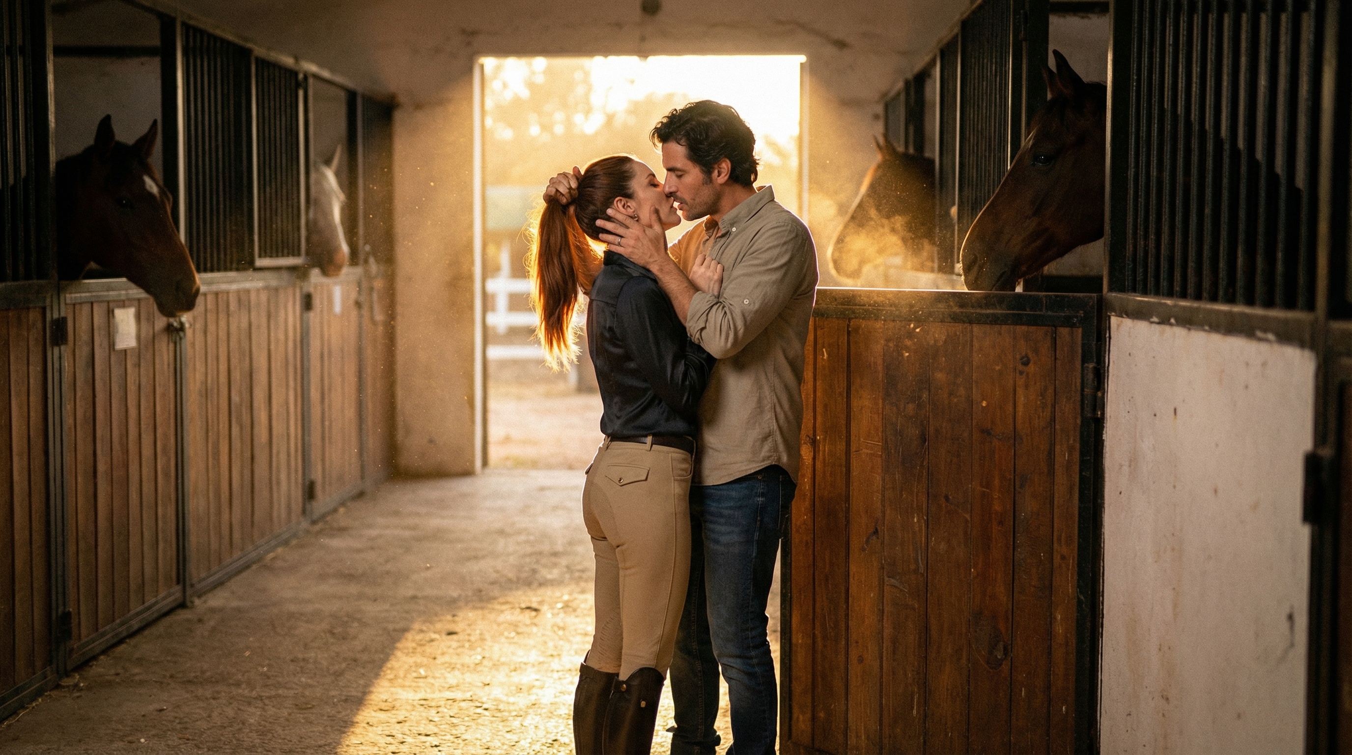 Camila and Dr. Emiliano Contreras share a passionate forbidden kiss at the stables