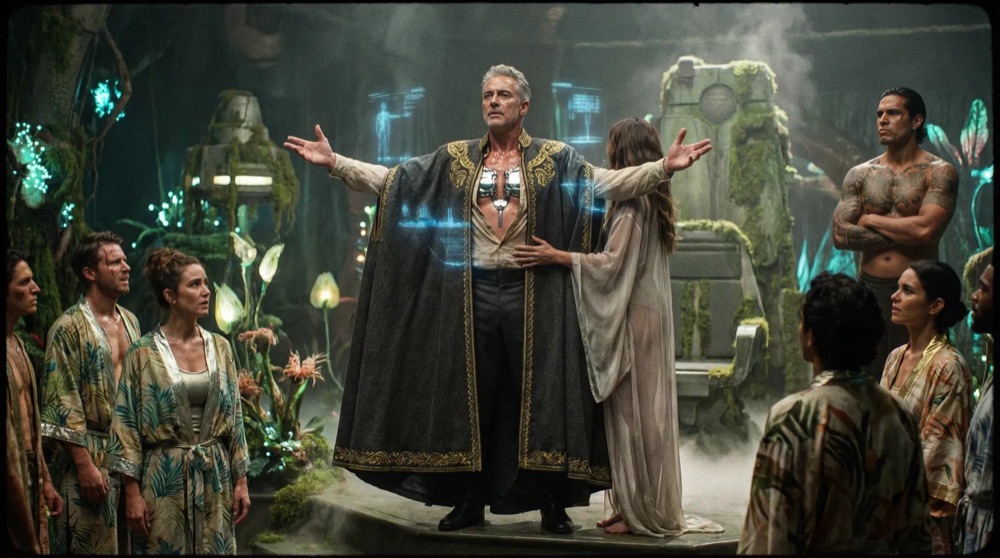 Drakos theatrically presents new ceremonial roles while Mael stands defiant in the background