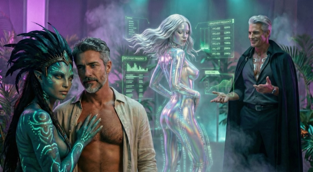 Vanya manifests as nude holographic perfection surrounded by green metrics displays