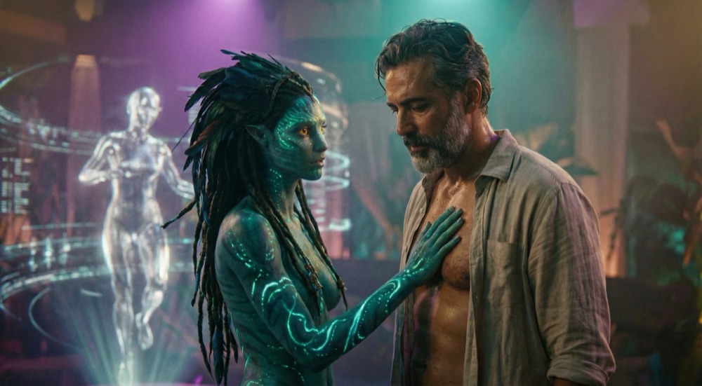 Ka'tili observes Vanya while touching Lúcio, a stark contrast between organic alien and digital perfection