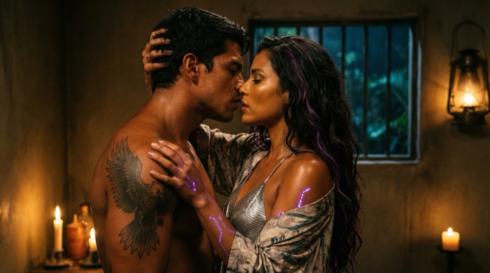 Mael and Isalia pressed together in explosive tension before the knock interrupts them