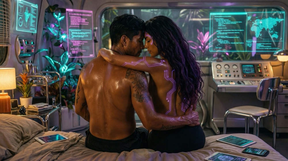 Lúcio watches from the observation lounge as Mael and Isalia sit together on the bed, undressed, the robe discarded