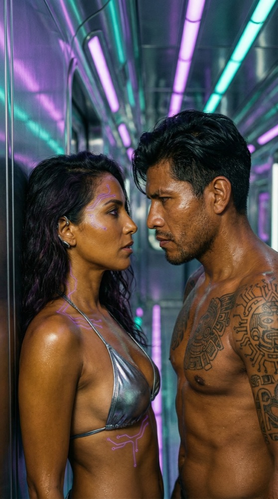 Mael, shirtless and sweating from the humid air, stands inches from Isalia in a deserted corridor. His jaw is clenched, eyes burning with frustration. She's backed against the chrome wall, circuit tattoos glowing erratically. The tension between them crackles.
