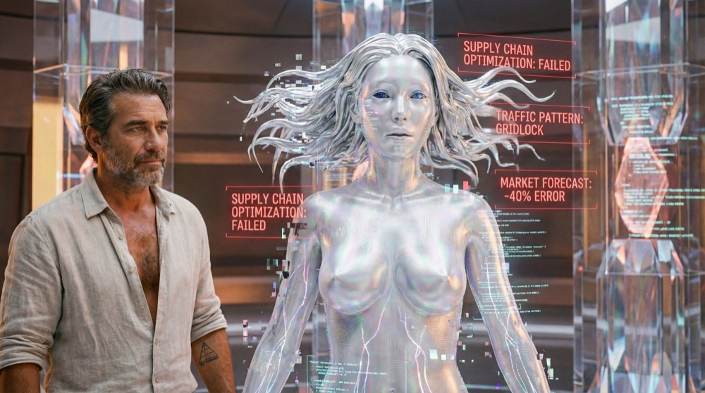 Vanya's silver avatar manifests in the central AI chamber, but her form flickers—fragments of code visible through her translucent skin, eyes wide with uncertainty. Holographic displays around her show conflicting predictions. She's naked as always, but her usual confidence has cracked.