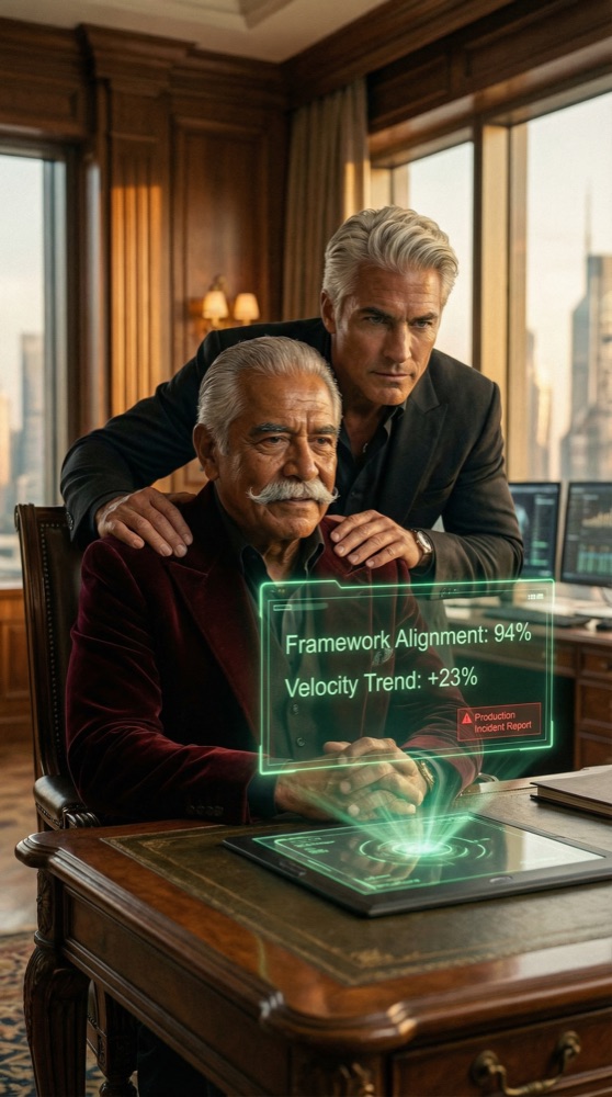 In Don Aristo's private office, Drakos stands close behind the seated patriarch, hands on his shoulders, leaning in intimately. Holographic metrics float between them. Don Aristo's face shows trust and relief. Drakos's expression, unseen by Don Aristo, is coldly calculating.