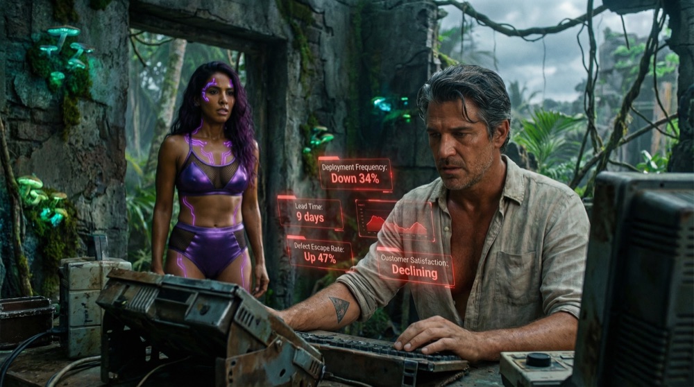 In a dimly lit workshop, Lúcio sits at a makeshift console, shirt open revealing his tanned chest and test-pyramid tattoo. Multiple holographic windows surround him showing real production data—red warnings, declining trends, customer complaints. He's building a shadow metrics system, documenting the truth Drakos hides.