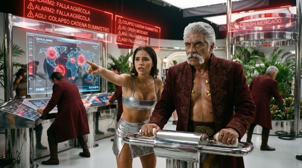 Engineers scrambling through the control hub as holographic displays flash red with cascade failures