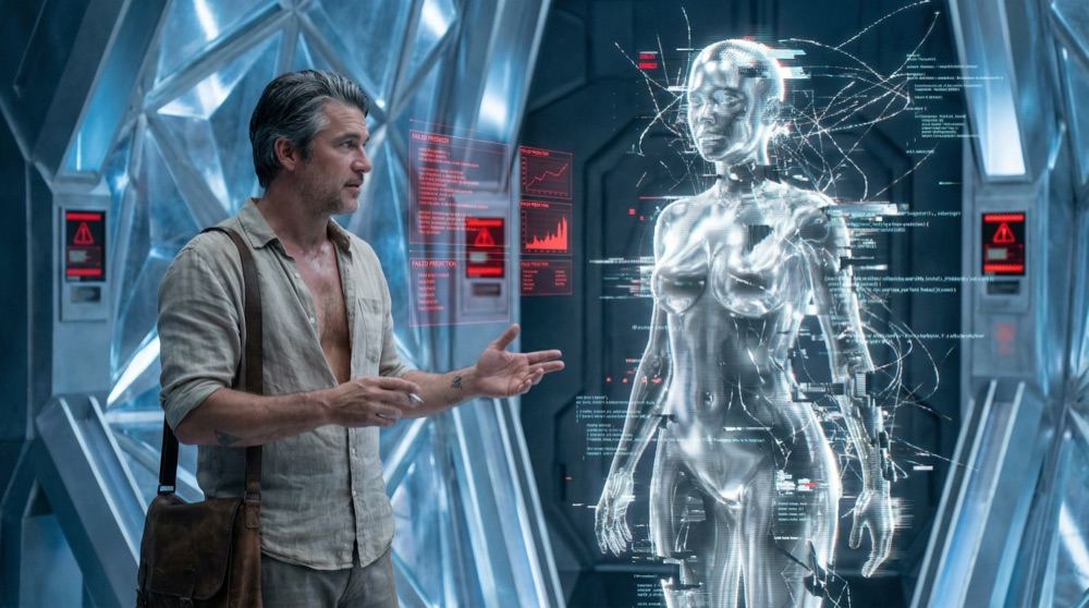 Vanya's silver avatar stuttering and glitching, fragments of code visible through her translucent form