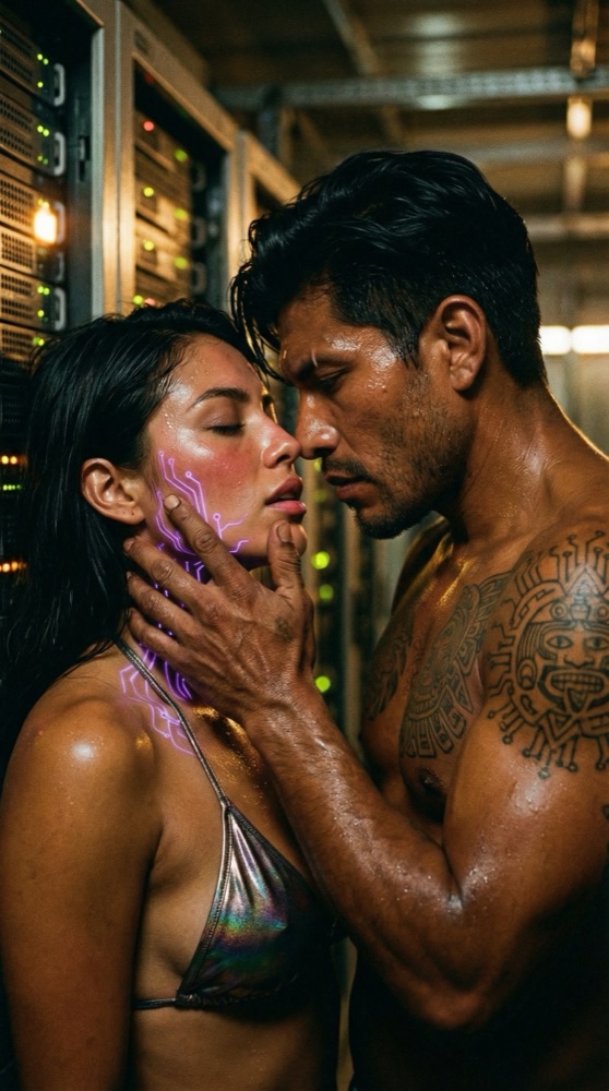 Mael's calloused hand touching Isalia's face, their eyes locked in the dim server room