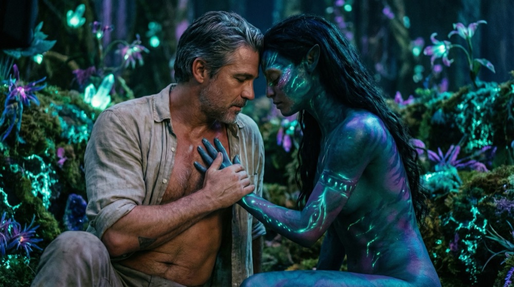 Ka'tili and Lúcio in the bioluminescent grove, her hand pressed to his temple in alien communion