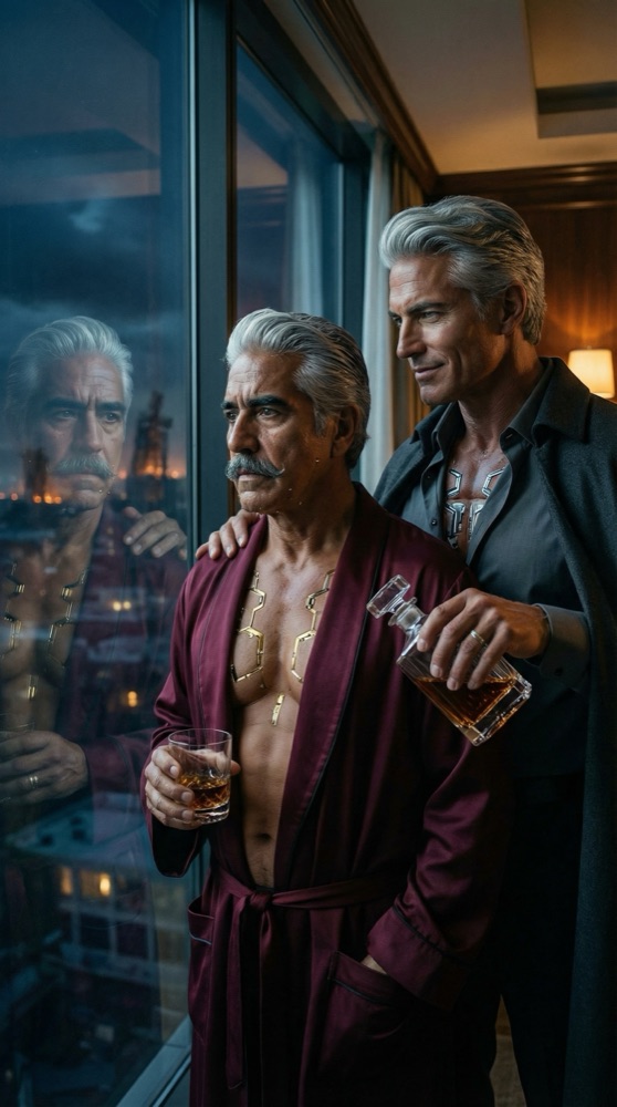 Drakos and Don Aristo at the panoramic window, whiskey glasses in hand, the lights of damaged cities flickering on the horizon