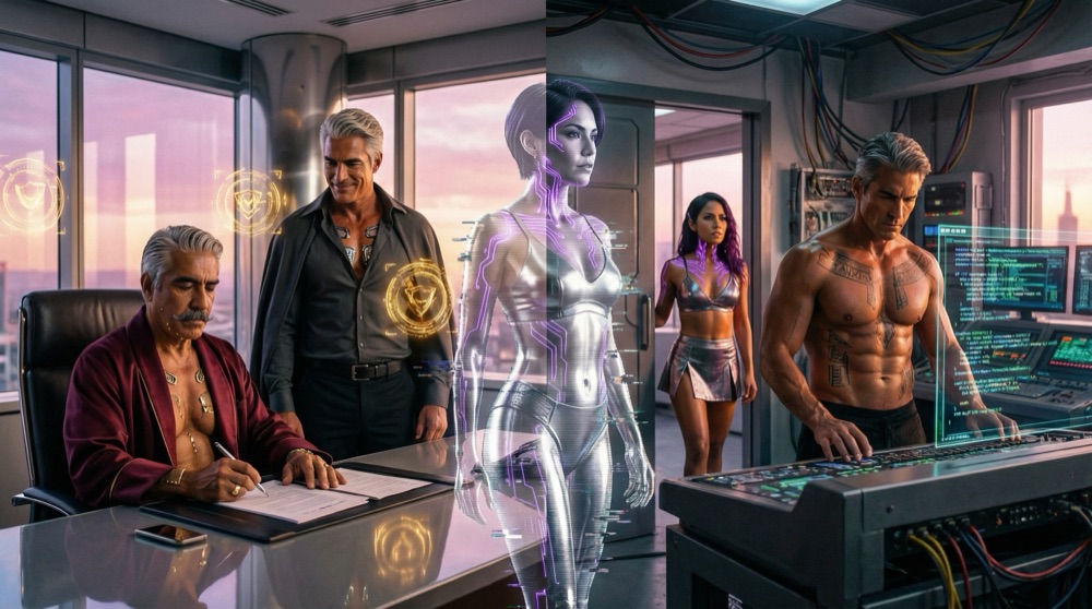 Split view of Xoqotl Prime at dawn — the gleaming executive tower against the chaos of failing systems