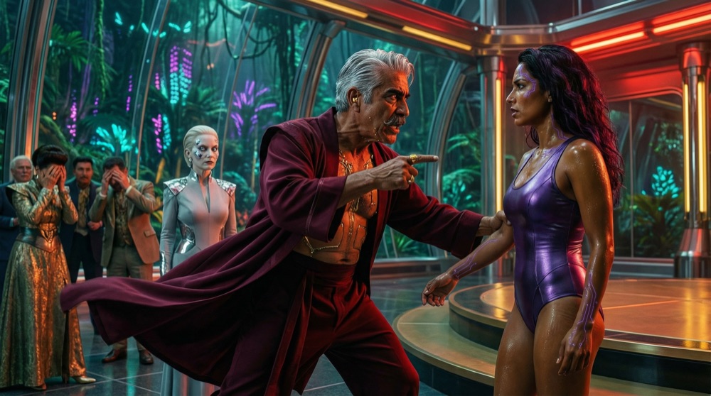 Don Aristo stands in the grand hall, veins bulging, robes disheveled, pointing accusingly while executives cower and Mael watches from the shadows with arms crossed.