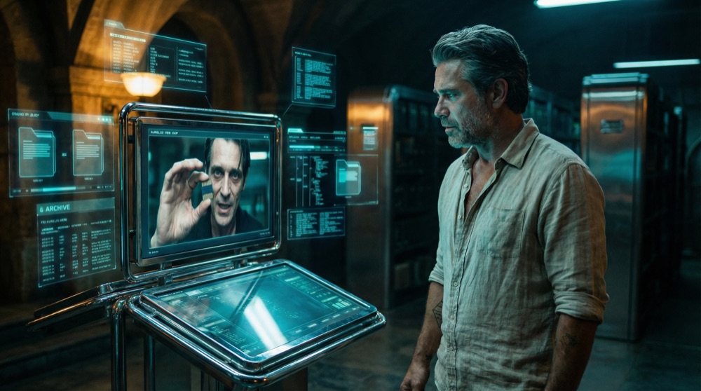 Lúcio Vale sits alone in the dark archive, his face illuminated by the glow of Aurelio Ven's warning video playing on the terminal, a data chip in his hand.