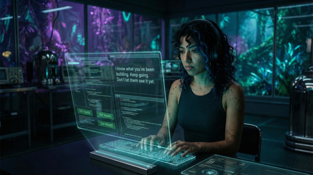 Solana Reyes works alone at her station in the dark engineering floor, her face illuminated by code on her screen, a mysterious message notification glowing on her terminal.