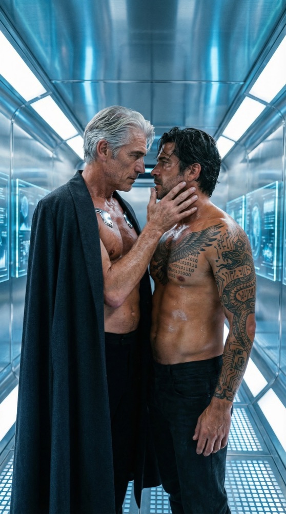 Drakos y Lúcio se enfrentan en el corredor, cuerpos demasiado cerca, la tensión crepitando entre depredador y depredador.