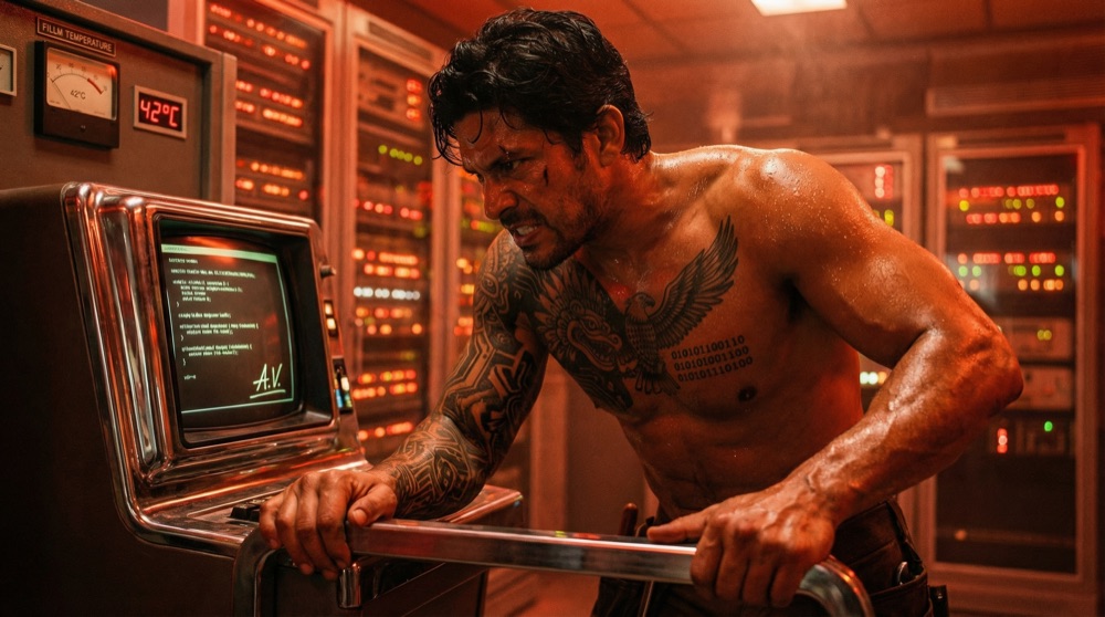 Mael Xochi mira fijamente la terminal del archivo, sudor corriendo por su pecho desnudo, el código del failsafe desactivado iluminando su cara mientras rastrea el legado oculto de Aurelio Ven.