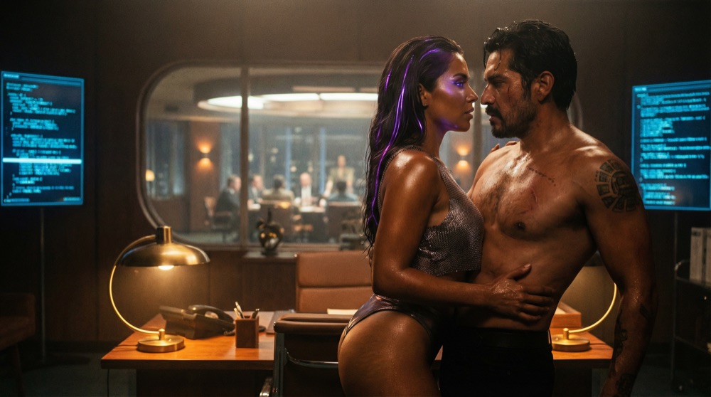 Isalia enfrenta a Mael en su oficina privada, la mano de él agarrando su brazo, la pantalla de pared detrás mostrando la evidencia mientras la electricidad crepita entre ellos.