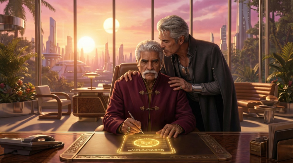 Don Aristo firma el contrato de QuantumFlow™ mientras Drakos observa desde la ventana, el sello holográfico dorado pulsando con finalidad vinculante.