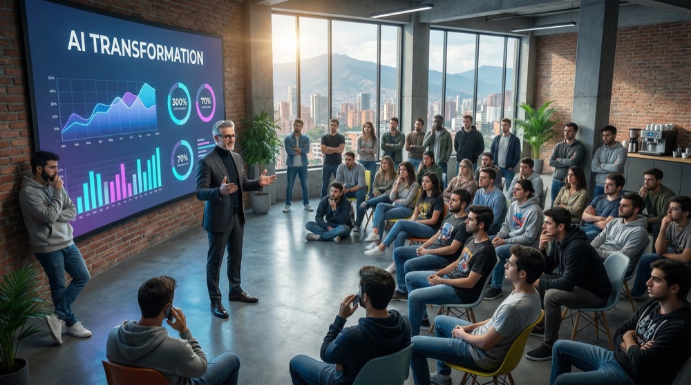 Forty-seven developers in conference room watching Marcus's presentation with fear and resignation, some taking notes, others messaging in Slack.