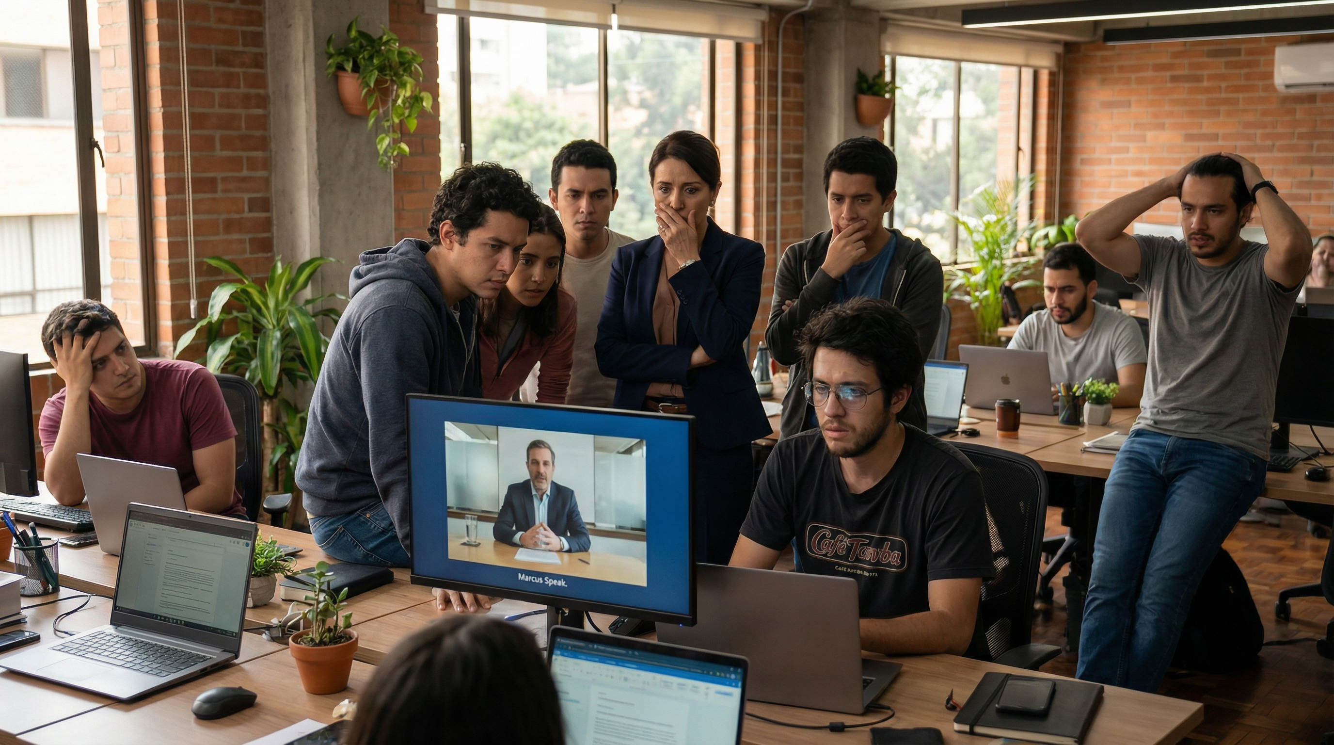 Natalia Vásquez offers coffee to a flustered Tomás Herrera in the break room, her calculated smile and provocative styling contrasting with his nerdy vulnerability.