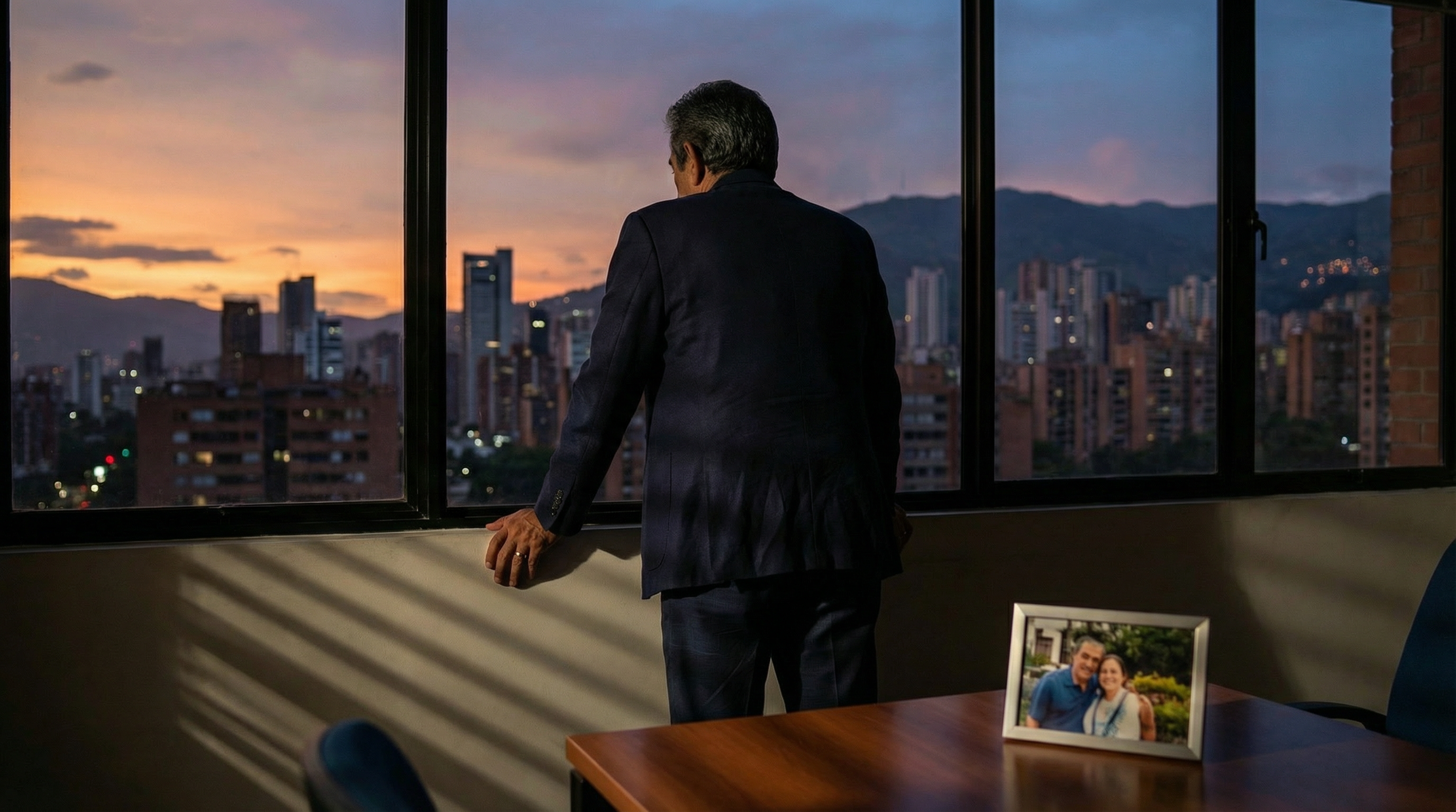 Aurelio Mendoza stands alone by the window overlooking Medellín, defeated, watching his city as Carmen Torres approaches with concern.