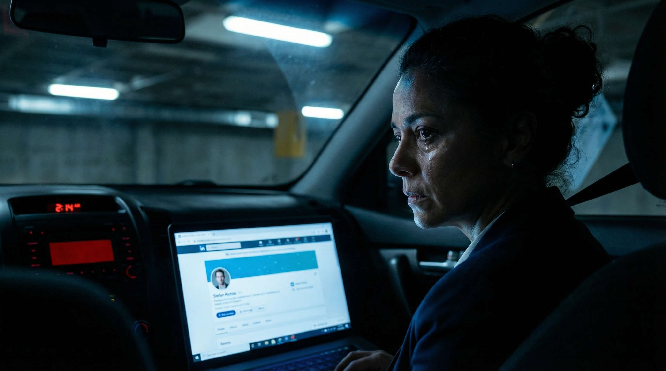 Carmen in her car, phone in hand, tears in her eyes as she looks at Stefan's LinkedIn profile before making the call that will change everything.