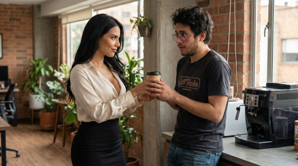Natalia leaning in close to Tomás at coffee machine, warm predatory smile, making direct eye contact while he looks flustered.