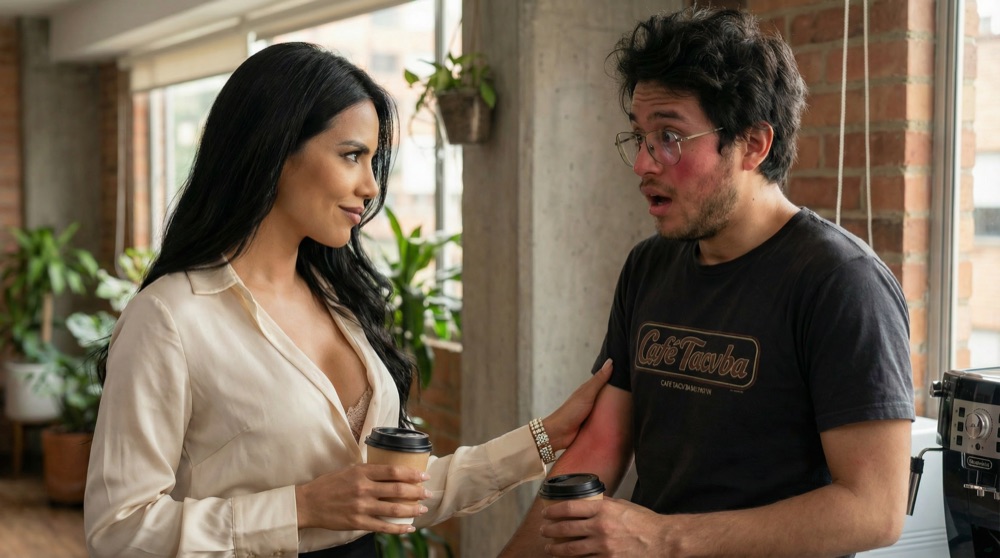 Natalia's hand touching Tomás's arm lightly, intimate gesture, his face showing nervous excitement.