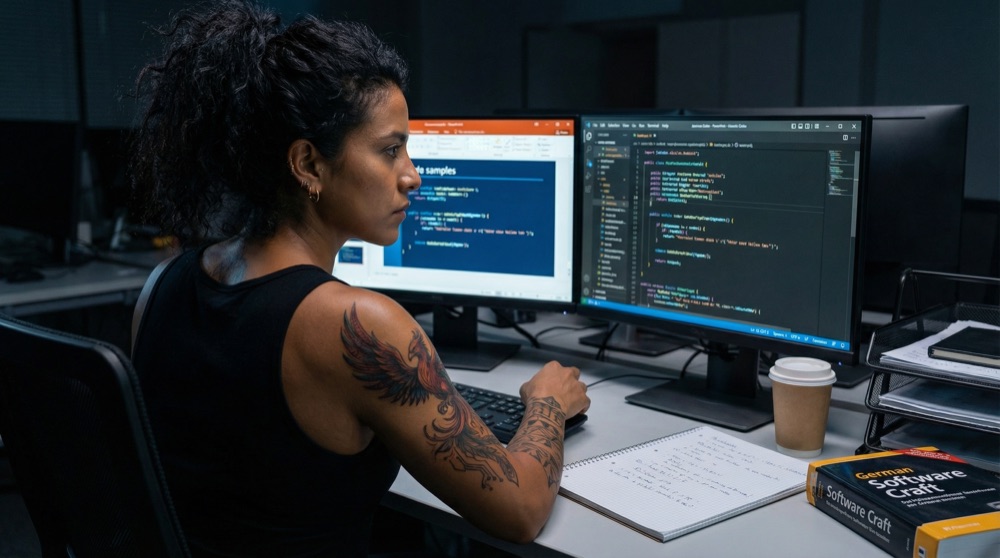 Salomé with paper notebook open beside dual monitors showing code comparisons, wild curly hair in focused concentration, building evidence no one asked for but everyone will need.
