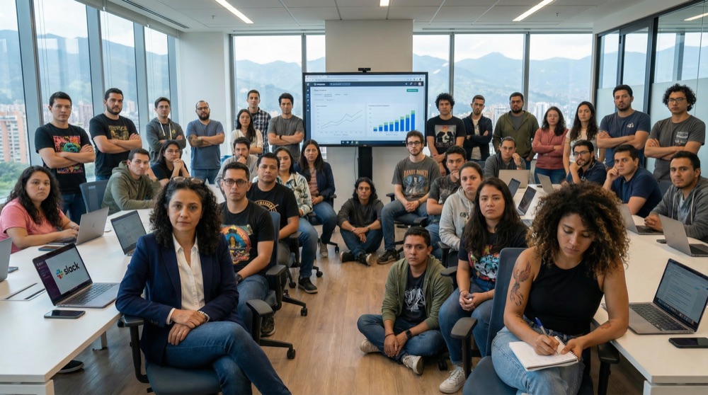 From Natalia's perspective: developers at their desks watching her with varying expressions — fear, lust, skepticism. Salomé observes from behind her monitor, unimpressed.