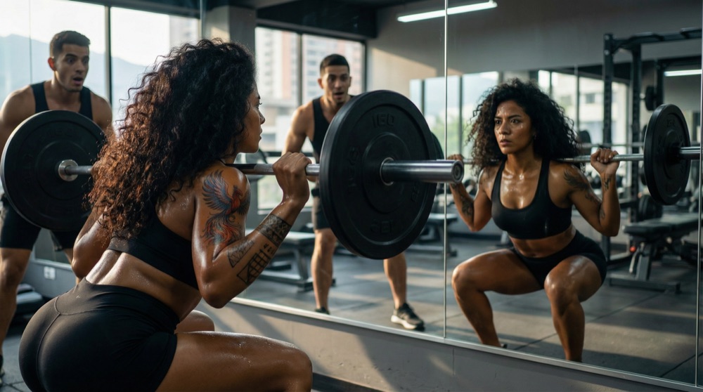 Salomé Ruiz performing heavy barbell squats in Medellín gym, sweat glistening, perfect form, two men watching in background.