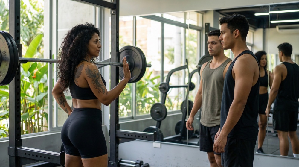 Salomé Ruiz racking weight, turning to two men with polite but firm 'no thanks' gesture.