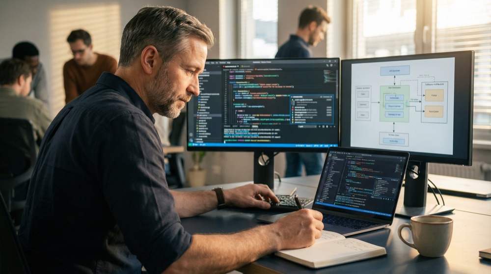 Stefan Richter at his desk reading code with intense focus, dual monitors showing architecture and commit history.