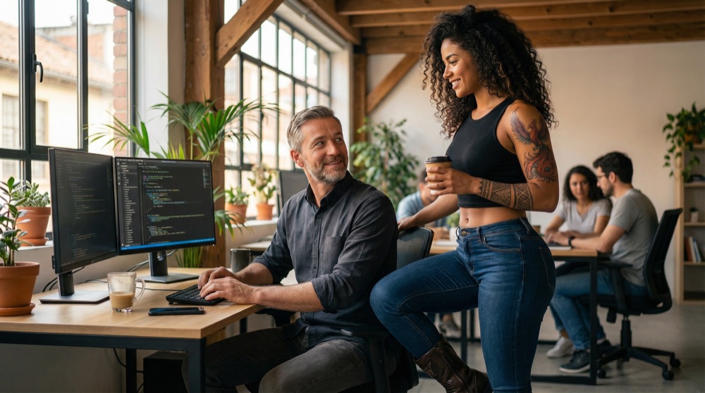 Salomé Ruiz approaching Stefan's desk with coffee, friendly smile, warm body language.