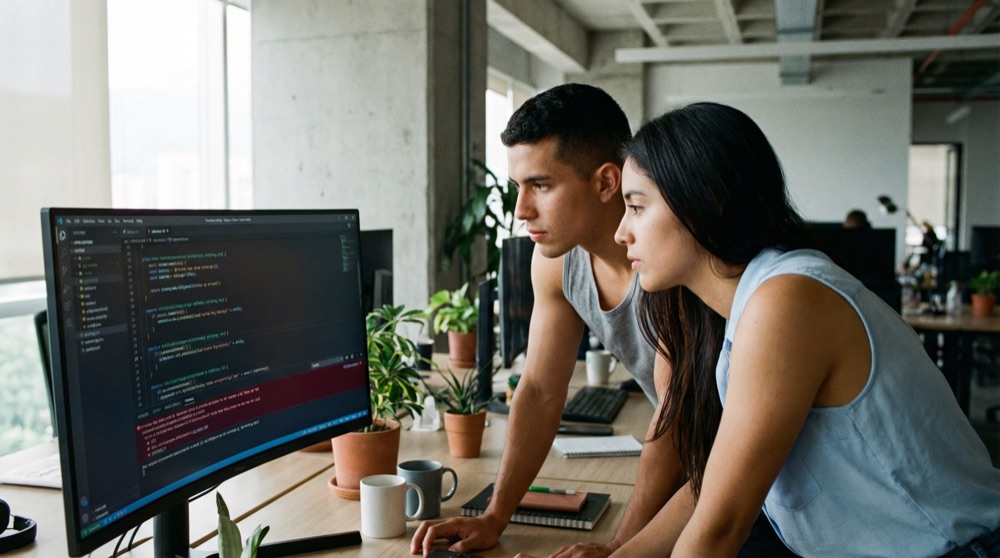 Diego and Valentina leaning over same monitor debugging code, their bare shoulders touching, both aware of the contact.