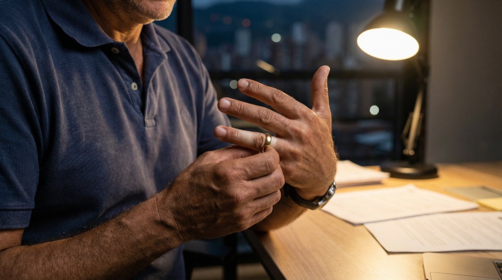 Aurelio removes his wedding ring for the first time in three years, letting go.