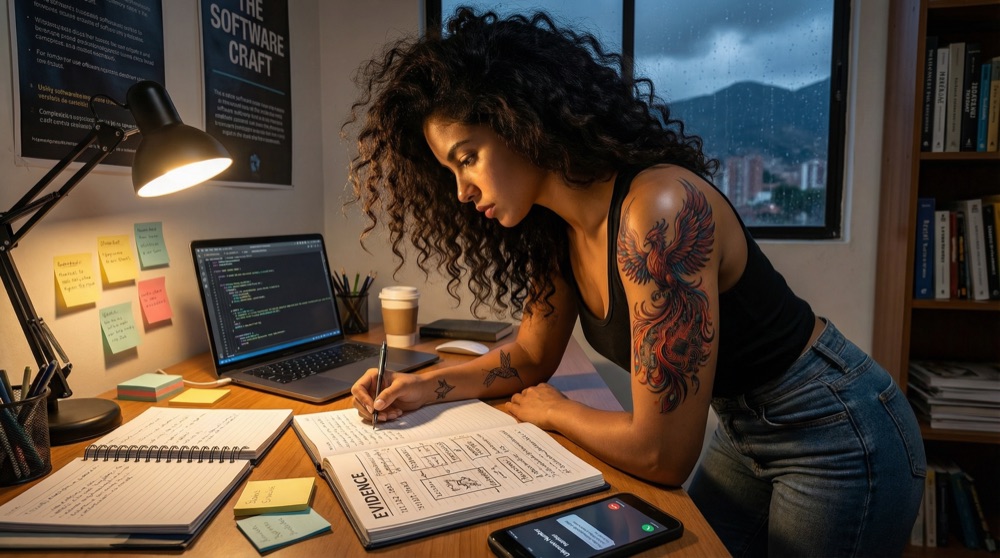 Salomé at her desk building evidence, compiling her case against QuantumMind.