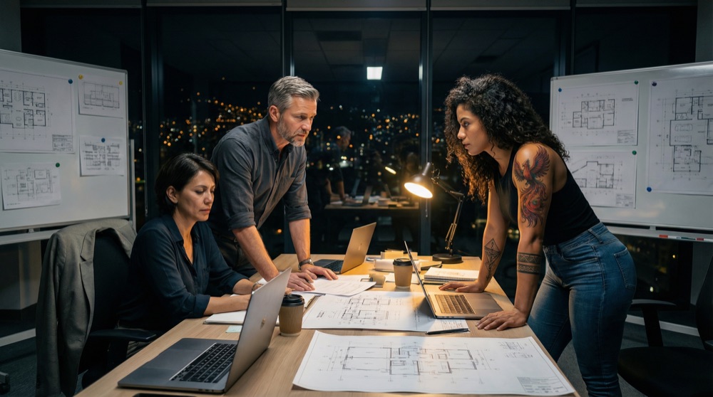 Late night war room in Carmen's office with Carmen, Stefan, and Salomé planning their fight.